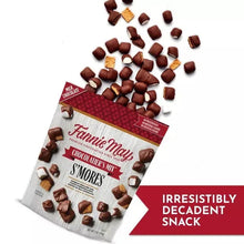S'mores snack mix bag with scattered chocolate pieces and a serving tray