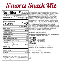 Nutrition Facts panel on s'mores snack mix bag with ingredient list