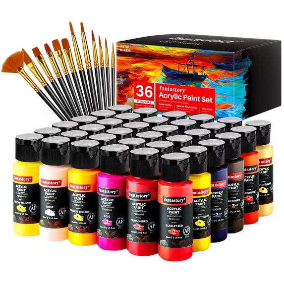 Acrylic Paint Set - 24 Classic Colors (2oz), Craft Paint Kit with 12 Brushes
