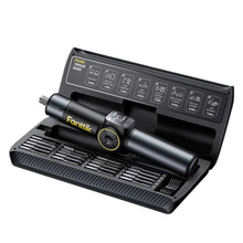Electric screwdriver kit in a black case with bit slots and control panel