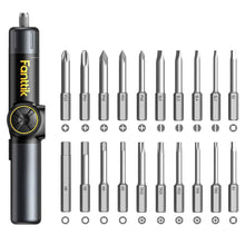 Electric screwdriver with assorted metal bits and ringed bit storage layout