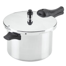 Silver pressure cooker with black lid handle and steam release valve
