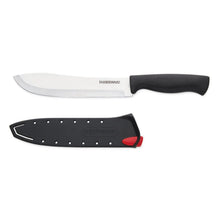 7-inch butcher knife with black handle, stainless blade, self-sharpening blade cover