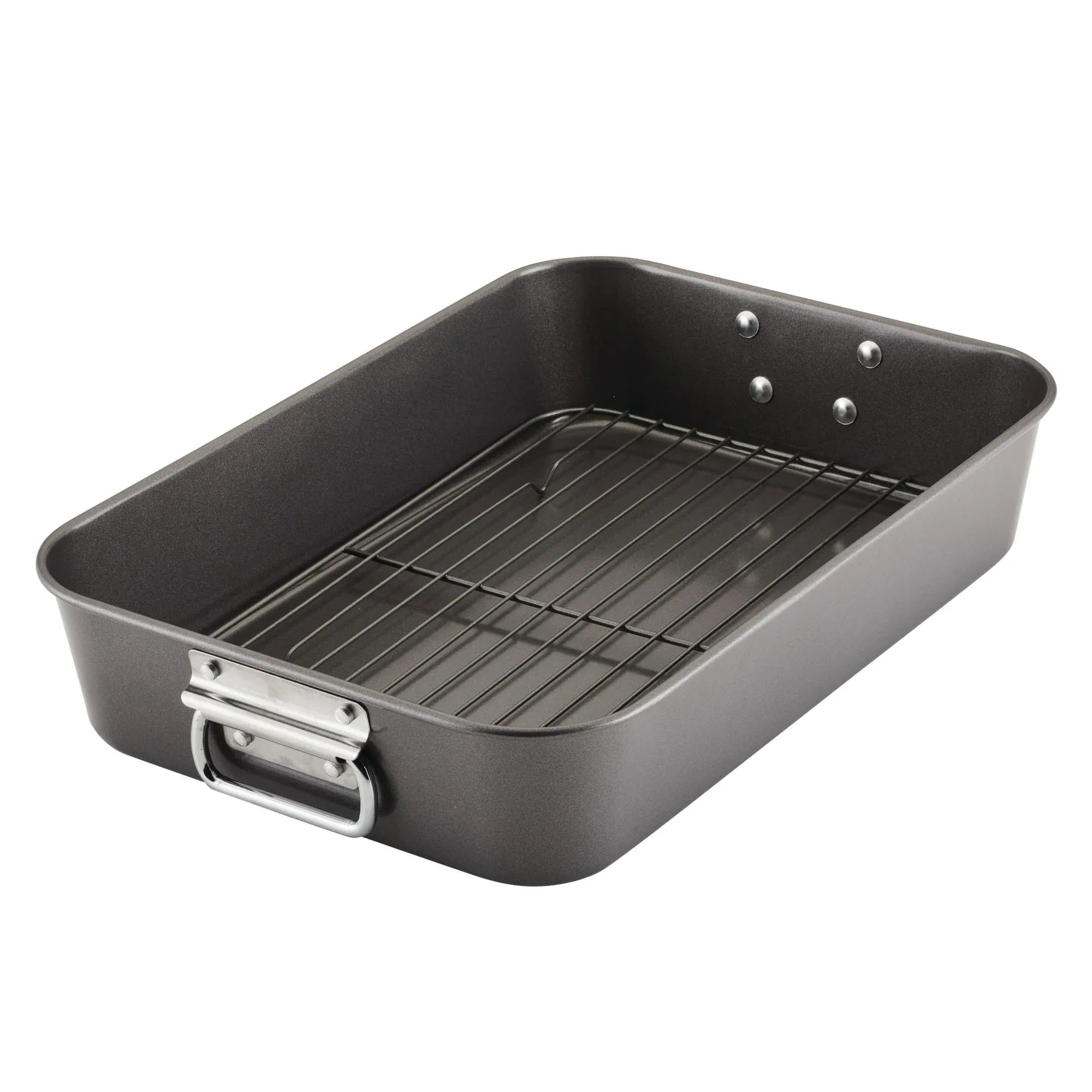 Farberware Bakeware Roasting Pan with Removable Flat Rack - 10.5x15 Inches, Dishwasher Safe, Oven-Safe to 450°F, Non-Stick Finish, Gray