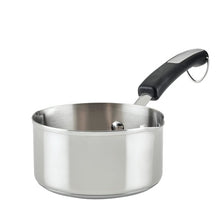Stainless steel 1-quart saucepan with black handle and pour spout
