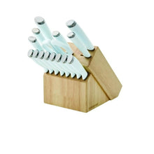 Natural wood knife block with ice blue handled knives and kitchen shears