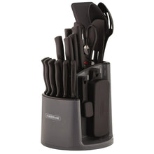 Rotating knife and tool caddy set with dark-gray handles in a carousel holder