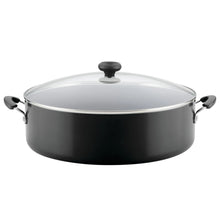 Black nonstick covered stockpot with glass lid and side handles