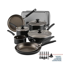 Black nonstick cookware set with griddle, pans, and matching kitchen tools