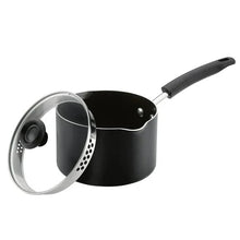 Black 3-quart nonstick sauce pan with pouring spout and straining lid