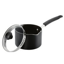 Black nonstick sauce pan with straining lid and perforated insert