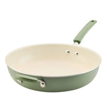 Green ceramic nonstick frying pan with helper handle and cream interior