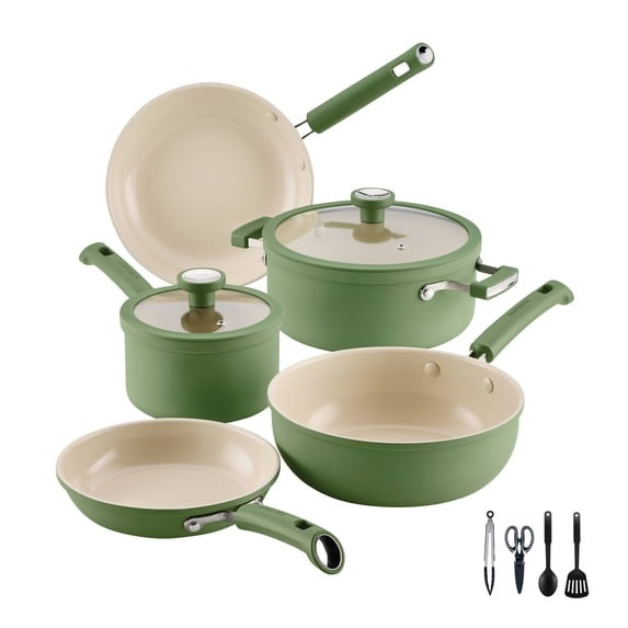 Farberware TrueCook 12pc Ceramic Cookware Set, Dishwasher and Oven Safe, Taupe