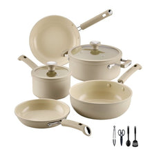 Ceramic cookware set in taupe with matching lids and ergonomic handles