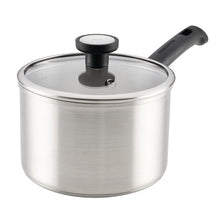 Stainless steel covered induction saucepan with glass lid and black handle