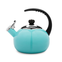 Aqua tea kettle with black handle and lid knob, metal spout and flip lid