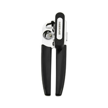 Portable can opener with black handle and stainless steel cutting wheel