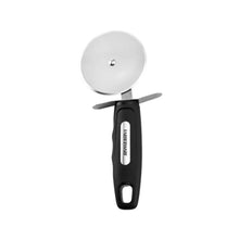 Stainless steel pizza cutter with black handle and rotating cutting wheel
