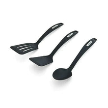Set of 3 black nylon cooking tools: slotted turner, short turner, basting spoon