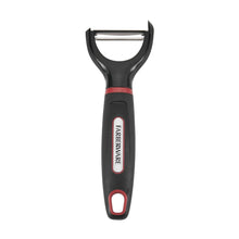 Y-peeler with textured black handle, red center stripe, and twin blade heads