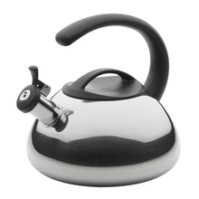 Silver stainless steel whistling tea kettle with black handle and lid knob