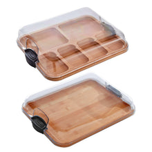 Wooden food tray with clear lid and black clamp, 2-piece set