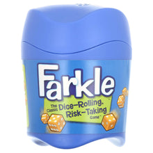 Blue dice-rolling game cup with Farkle logo