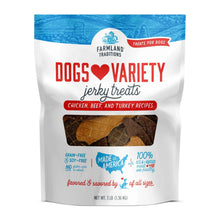 Dog jerky variety pack bag with chicken, beef, and turkey recipes
