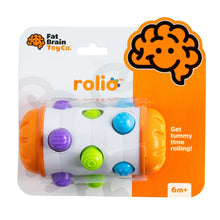 Packaged sensory roller rattle toy with colorful pegs and a lion-themed design