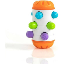Sensory roller rattle toy with orange ends, white body, and blue, purple, green pegs