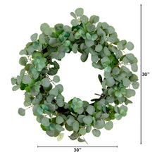Faux eucalyptus wreath with green oval leaves, round 30-inch diameter.