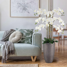 Faux Phalaenopsis orchid with white blooms on tall stems in a gray textured vase