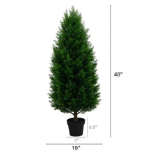 Faux cedar topiary tree in black pot, shown with 48 in height and 19 in base