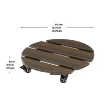 Brown slatted plant caddies with caster wheels, rounded base design