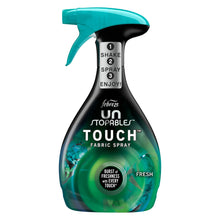 Febreze Touch fabric spray bottle with teal trigger sprayer, green liquid
