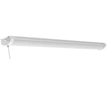 White multi-directional shop light fixture with wall-ceiling mount end cap and pull chain