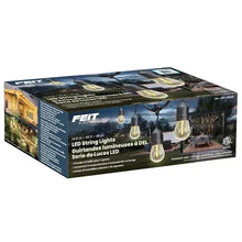 LED string lights retail box with warm clear bulb illustration