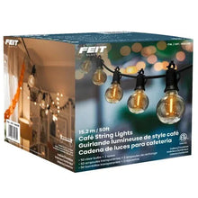 Cafe string lights with black cable and clear globe bulbs, warm white LEDs
