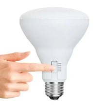 LED BR30 bulb with diffuser and E26 base, shown close-up with hand