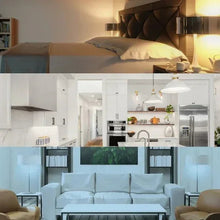 LED BR30 bulbs lit in ceiling fixtures above a living room seating area