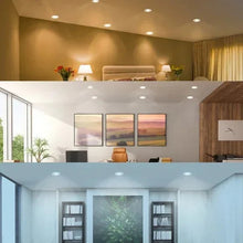 LED downlights with bulbs turned on in a modern room ceiling