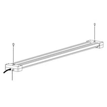 LED tube light fixture with several 4 ft glass tubes and hanging leads