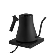 Black electric gooseneck kettle with lid vent, power cord and control base
