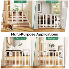 White pressure-mounted baby pet gate shown for multiple indoor openings