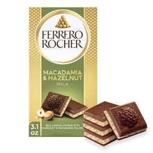 Ferrero Rocher macadamia & hazelnut milk chocolate bar, 3.1 oz box front