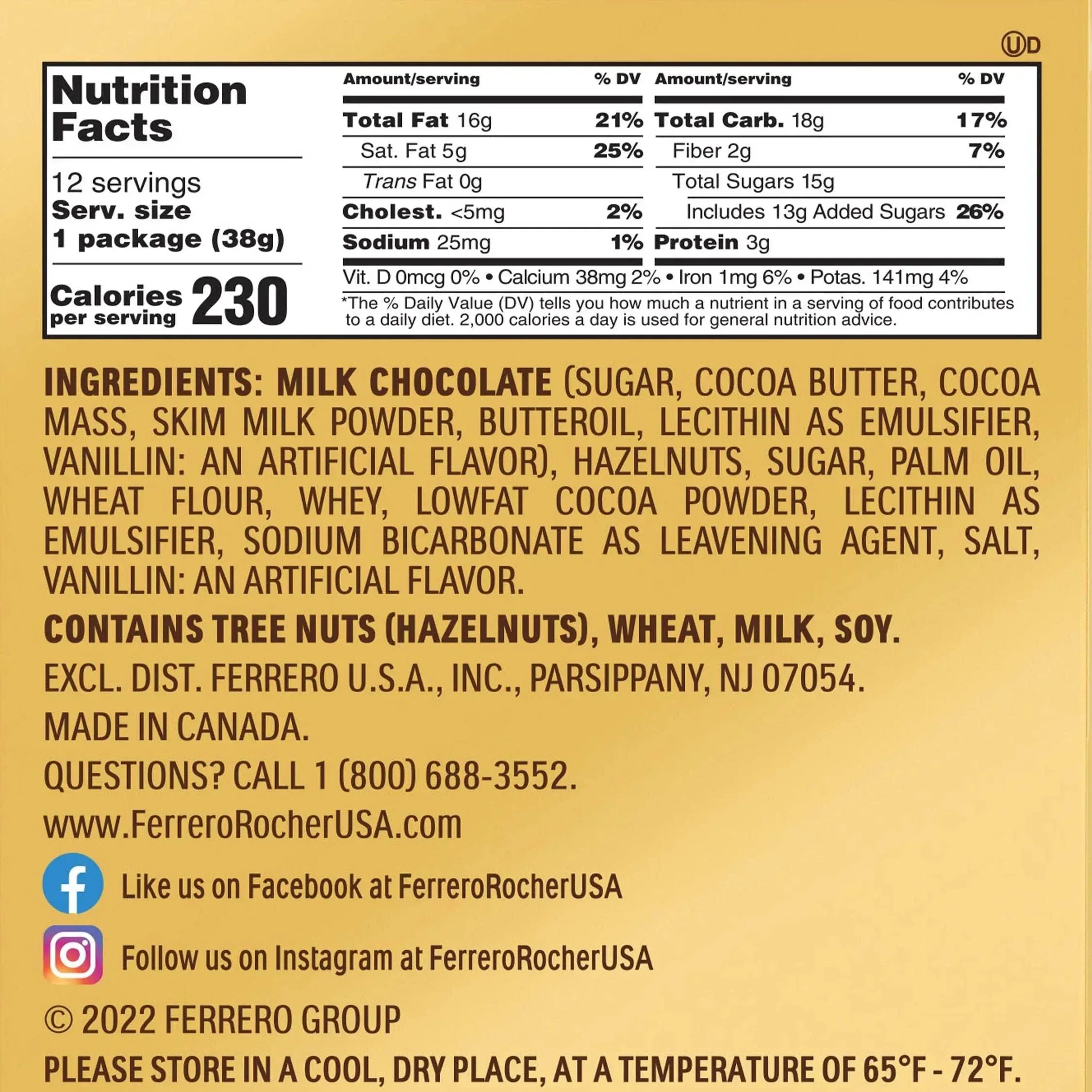 Ferrero Rocher, Milk Chocolate Hazelnut Candy, 1.3 oz, 3-count, 12-pack