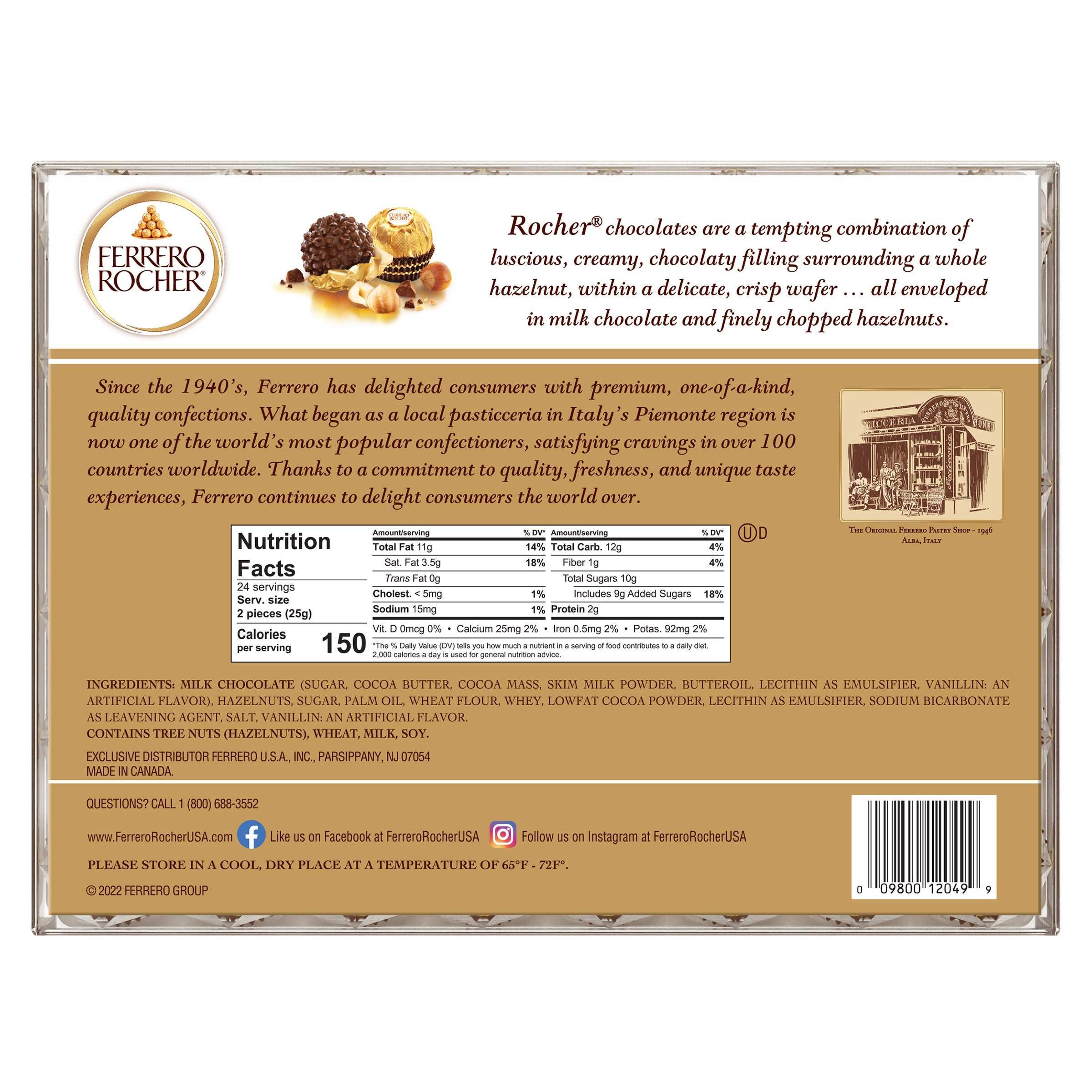 Ferrero Rocher, Milk Chocolate Hazelnut Candy, 21.2 oz, 48 Count