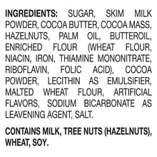 Ingredients list for chocolate hazelnut squares, includes sugar, milk powder, hazelnuts