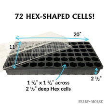 Reusable plastic seed-starting tray with 72 black hex-shaped cells, length view