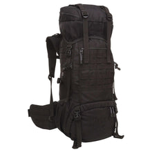 Tactical internal frame backpack side view with multiple pockets, buckles, and hip belt, dark